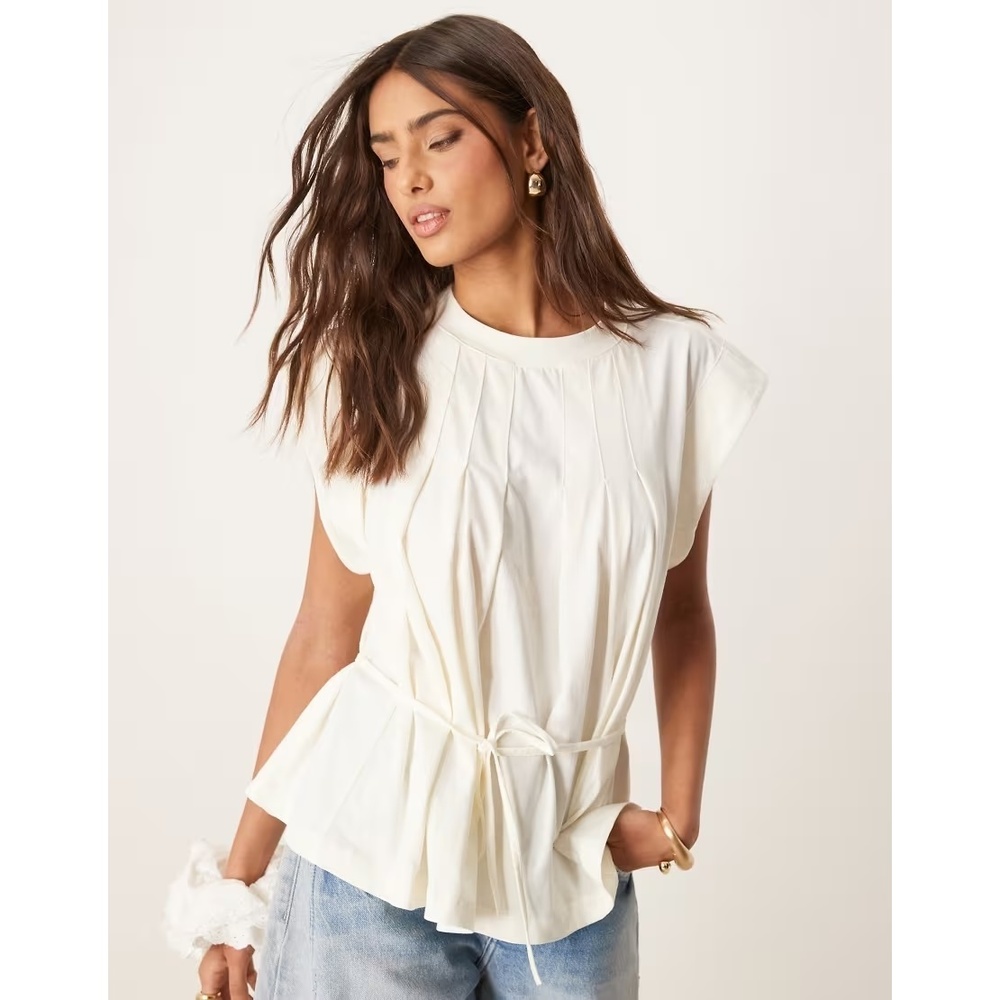 ASOS Trapeze T-Shirt with Tie Waist - Cream - XS